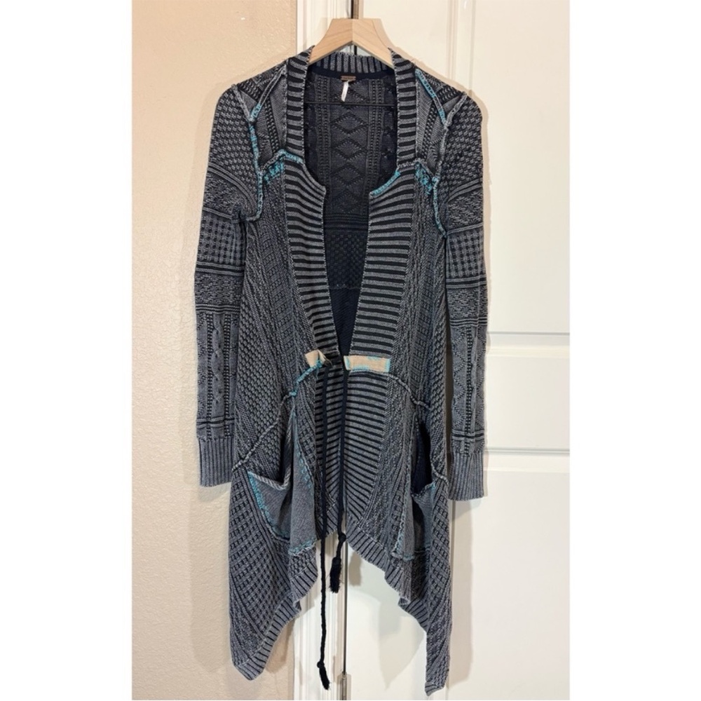 Free People Washed Black Asymmetrical Cascading Waterfall Cardigan - Picture 2 of 8